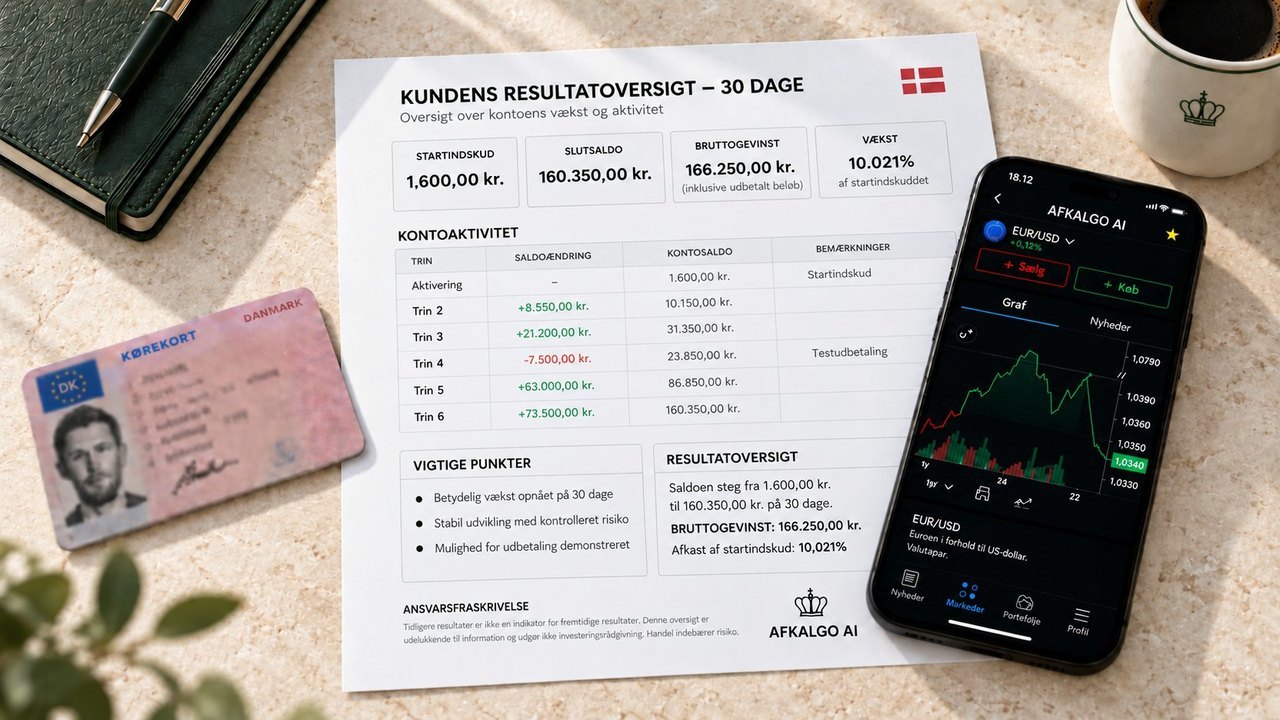 Forløbet i vores testkonto over 30 dage